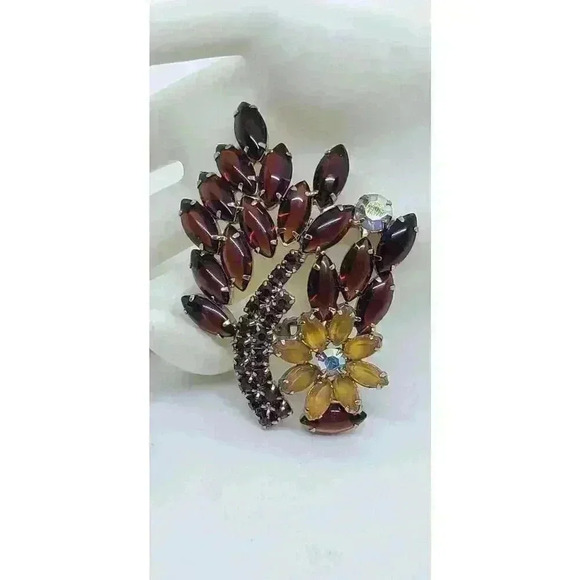 Vintage Rhinestone Brooch Citrine Flower Brown Open Back AB Drama Statement - Picture 3 of 9